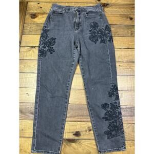 American Eagle Mom Jeans Women size 6 Short Faded Black Embroider Flower